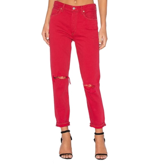 Citizens Of Humanity Denim - Citizens of Humanity Liya High Rise Classic Fit Crop Red Jeans w Distressed Knee
